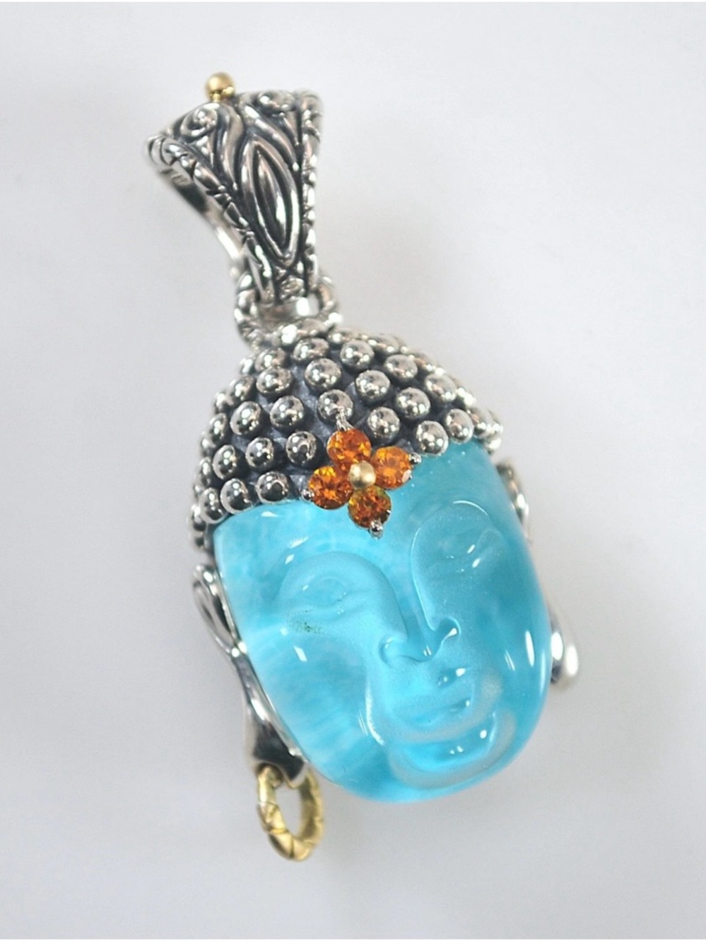 BARBARA BIXBY.  Buddha Pendant with Turquoise Blue Face and Amber Accent